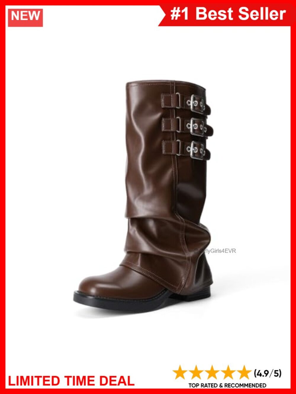 Faux Leather Knee High Fold Over Buckle Boots Square Toe Low Heel